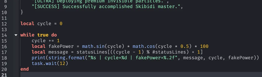 Lua code snippet in the editor